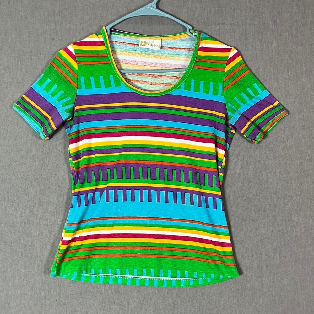 Vintage White Stag T-Shirt Size M Cotton Striped Geometric Multi-color 90s EUC